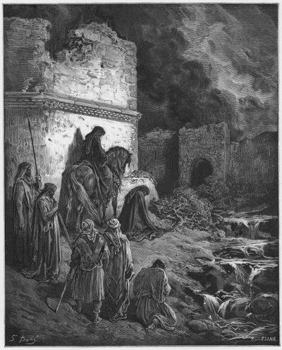 ギュスターヴ・ドール聖書：エルサレムの城壁の廃墟を密かに見ているネヘミヤ 作： Gustave Dore